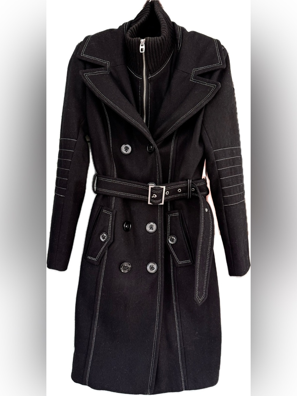 Miss Sixty Black Double-Breasted Wool BendPea Coat with White Contrast Stitching